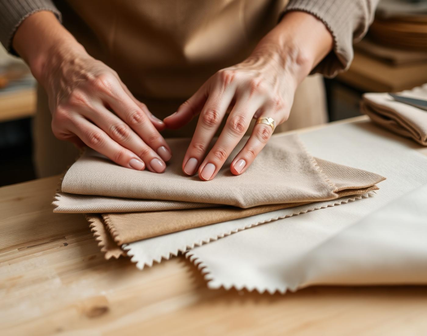 Handmatige selectie van stofstalen in Nederlands atelier
